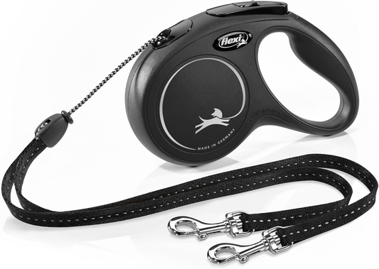 FLEXI New Classic Cord Retractable Double Dog Leash for Small Dogs Upto 18 lbs. – 16 ft., Black | Tangle Free Pet Walking Leash with One-Handed Brake, Pause, Lock