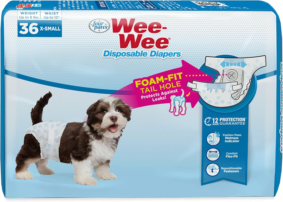 Four Paws Wee-Wee Super Absorbent Disposable Adjustable Dog Potty Training Diapers, Leak-Proof Protection for Puppies and Small Dogs