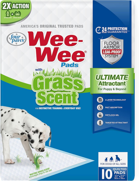 Four Paws Wee-Wee Ultimate Attractant Grass Scented Pee Pads for Dogs & Puppies, Leak-Proof Dog Housebreaking Instinctive Potty Training Floor Protection