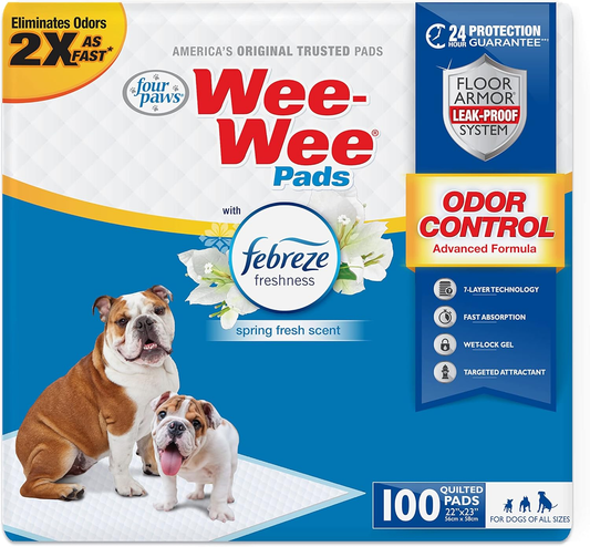Four Paws Wee-Wee Odor Control with Febreze Freshness Pee Pads for Dogs & Puppies, Leak-Proof Dog Housebreaking Potty Training Floor Protection, Spring Fresh Scent