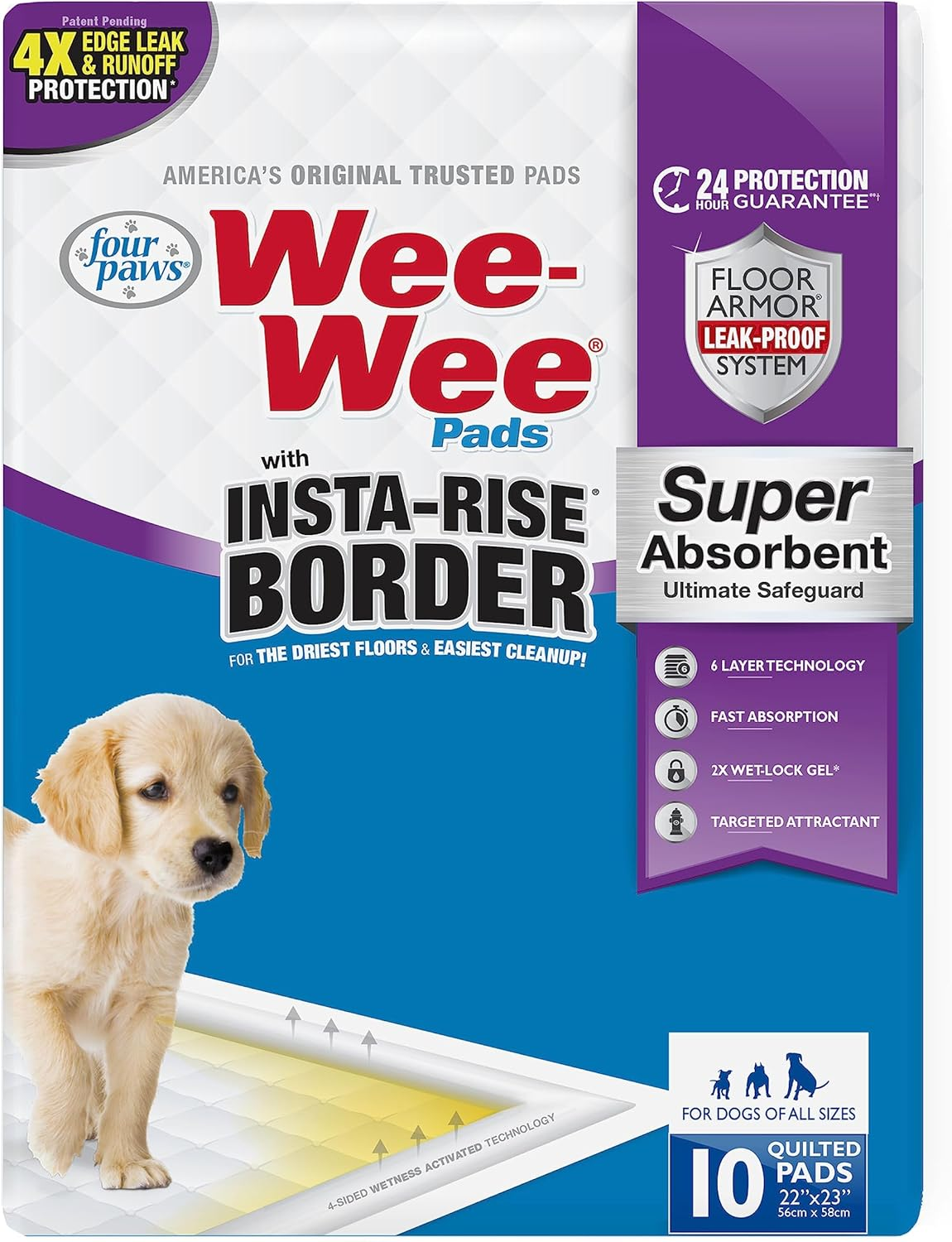 Four Paws Wee-Wee Super Absorbent Unscented Pee Pads for Dogs & Puppies with Insta-Rise Border, Leak-Proof Dog Housebreaking Potty Training Floor Protection