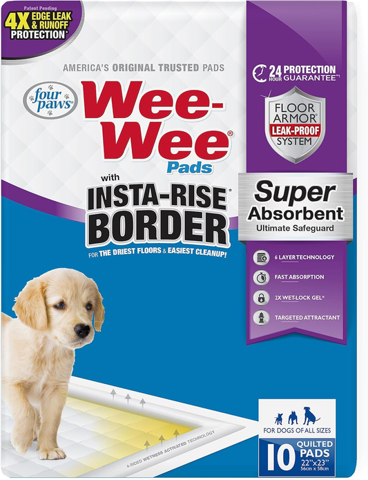 Four Paws Wee-Wee Super Absorbent Unscented Pee Pads for Dogs & Puppies with Insta-Rise Border, Leak-Proof Dog Housebreaking Potty Training Floor Protection