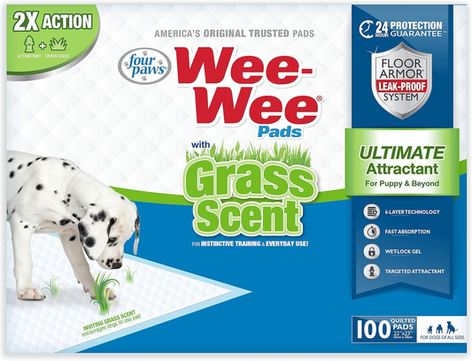 Four Paws Wee-Wee Ultimate Attractant Grass Scented Pee Pads for Dogs & Puppies, Leak-Proof Dog Housebreaking Instinctive Potty Training Floor Protection