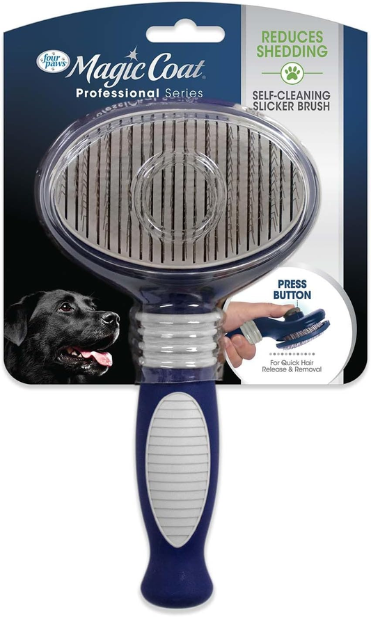 Four Paws Slicker Brush, Professional Series Grooming Brush for Dogs & Cats, Self-Cleaning, Reduces Shedding, All Coat Types, Blue & Grey