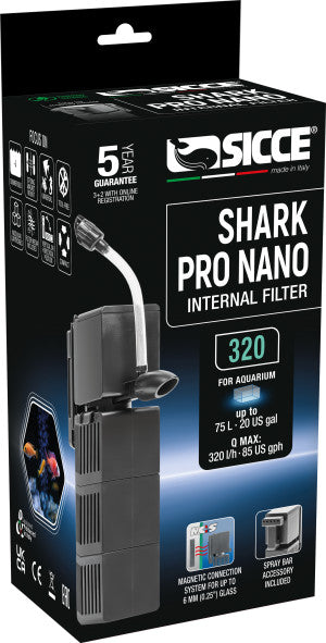 Sicce Shark Pro Nano Internal 85 GPH Aquarium Power Filter up to 20 Gallon Aquariums | Quiet Spray Bar Mini Fish Turtle Pond Tank