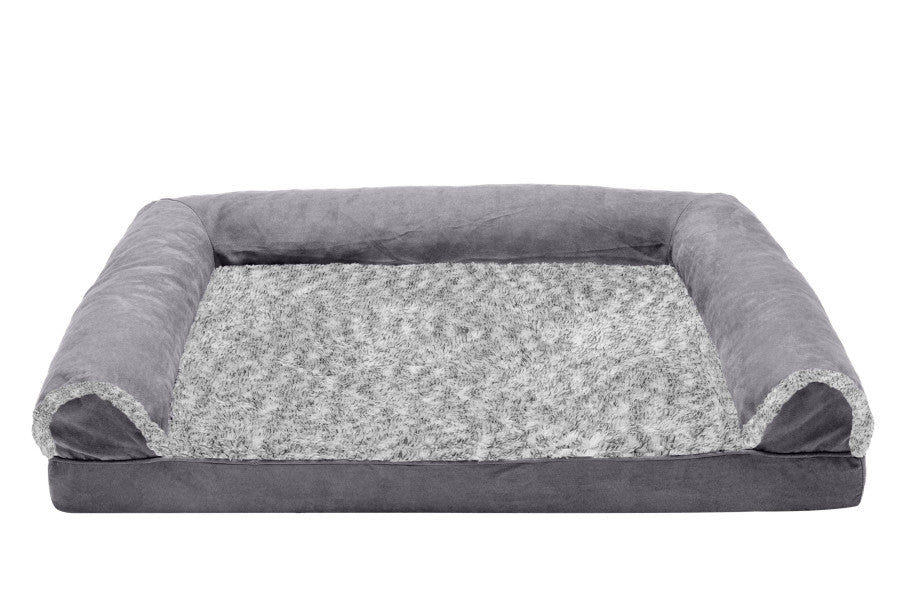 Furhaven Sofa Dog Bed - Two-Tone Faux Fur & Suede