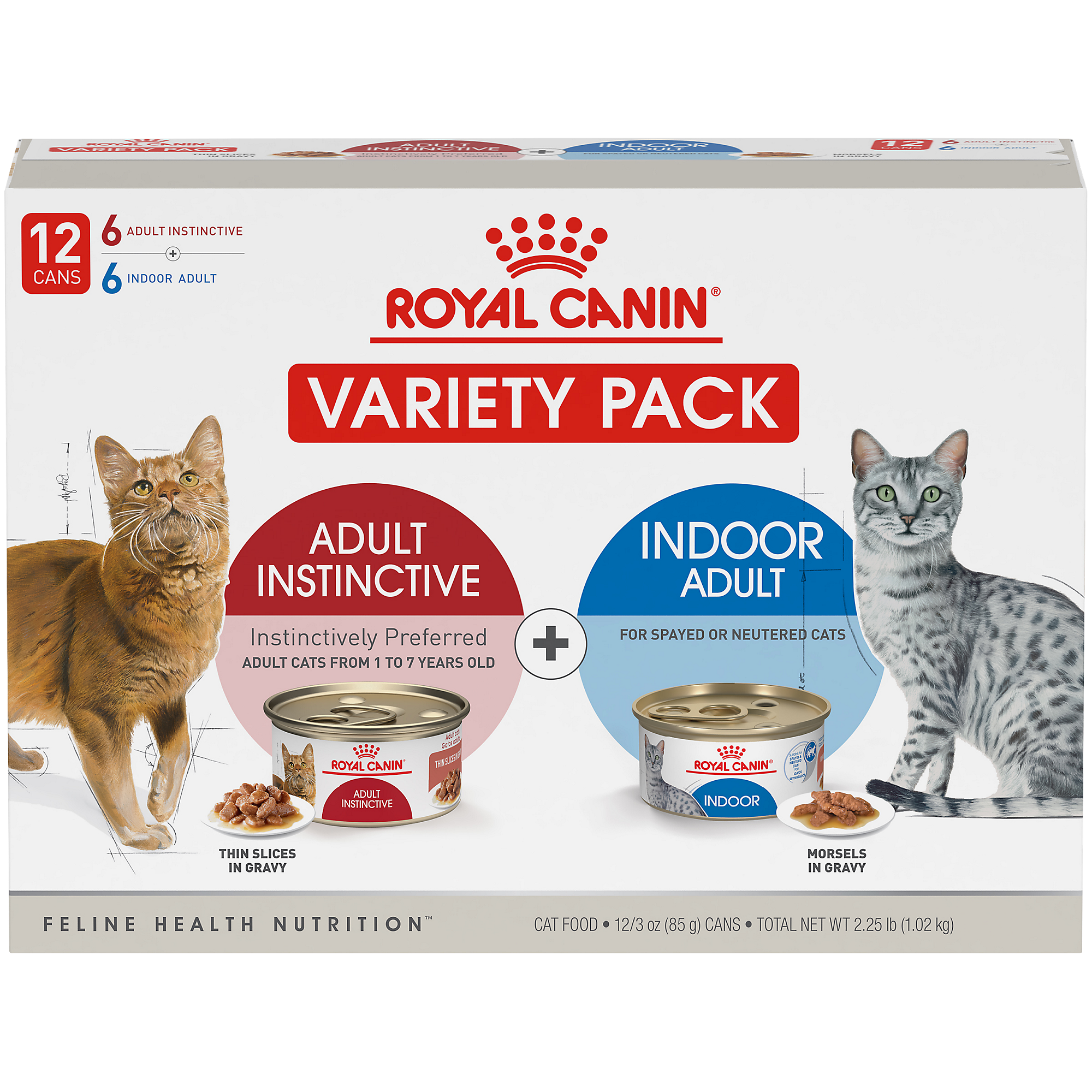 Royal Canin Feline Health Nutrition Indoor Adult & Adult Instinctive Wet Cat Food Variety Pack, 3 oz, 12 Pack