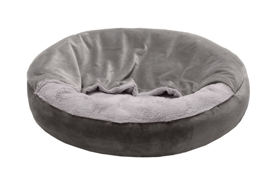 Furhaven 24" Round Calming Donut Dog Bed for Indoor Cats & Small Dogs, Washable, For Dogs Up to 20 lbs - Plush Velvet Waves Hooded Donut Bed
