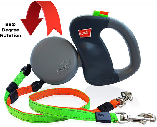 Wigzi Dual Doggie Retractable Gray, Green, & Orange Dog Leash