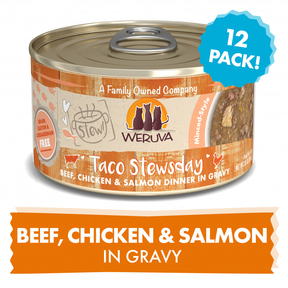 Weruva Classic Cat Stews! Taco Stewsday with Beef Chicken & Salmon in Gravy Canned Cat Food