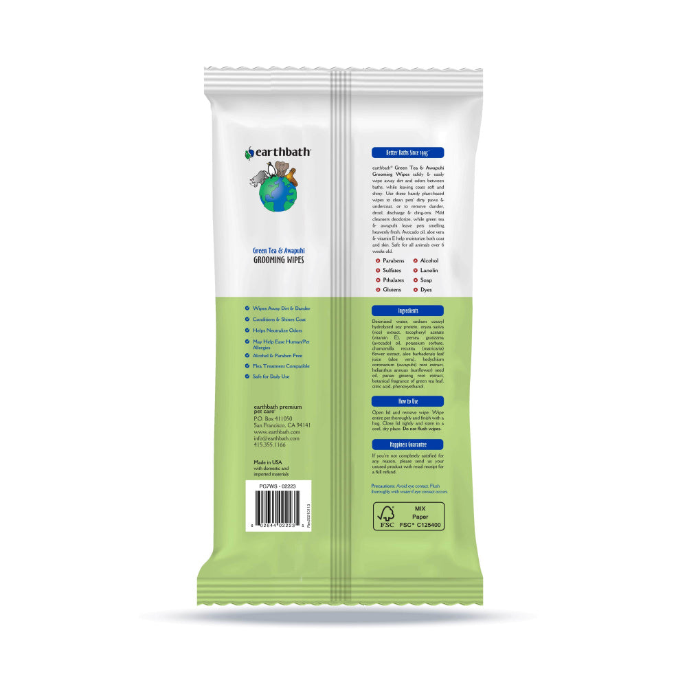 Earthbath Grooming  Cleans & Conditions Green Tea & Awapuhi Plant-Based Wipes