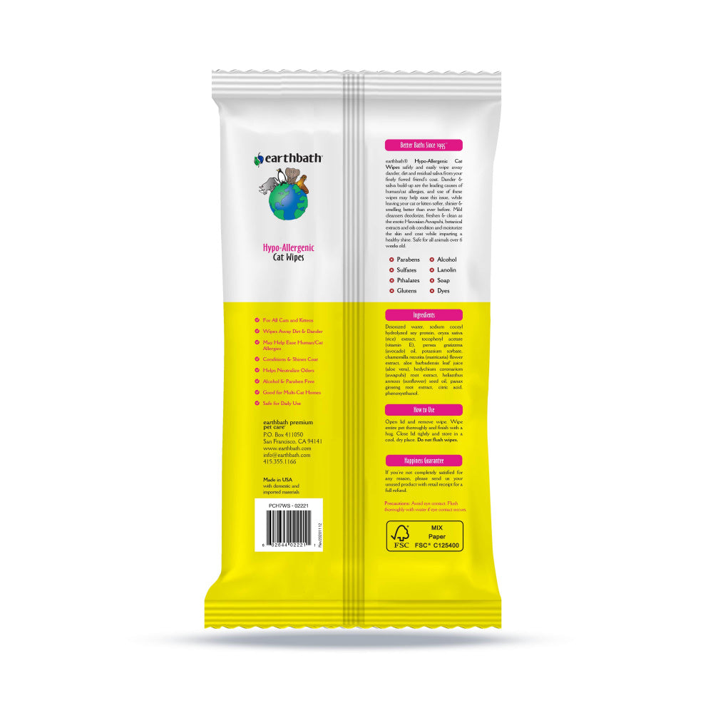 Earthbath Hypo-Allergenic Cat Grooming Cleans & Conditions Fragrance Free Plant-Based Wipes