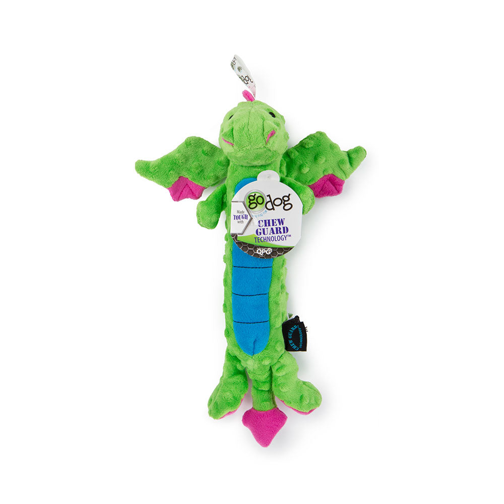 goDog® Dragons™ Skinny with Chew Guard Technology™ Durable Plush Squeaker Dog Toy Large Green
