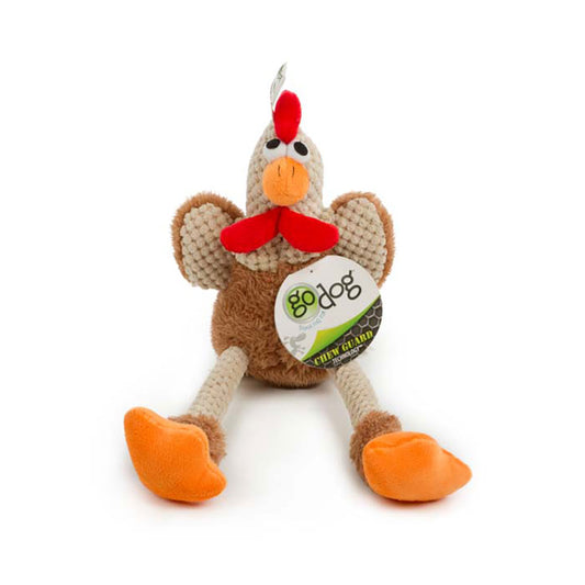 goDog® Checkers™ Skinny Rooster with Chew Guard Technology™ Durable Plush Squeaker Dog Toy Large Brown