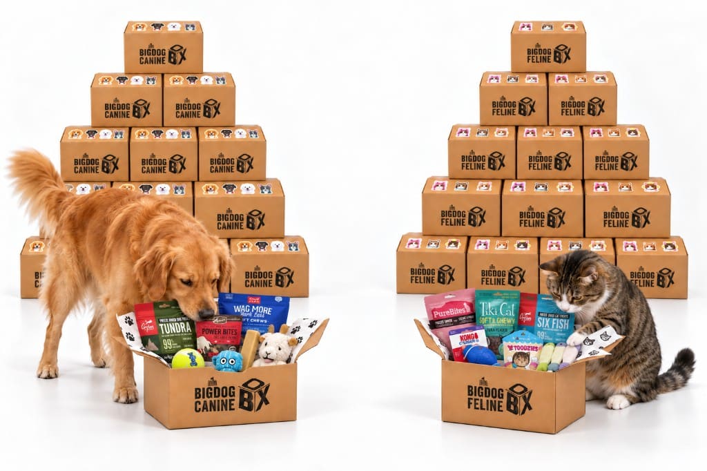 Dog with Canine Pet Boxes on the left, cat with Feline Pet Boxes on the right