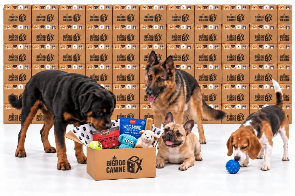 Dogs with an open Canine Pet Box in front of a wall of Canine boxes