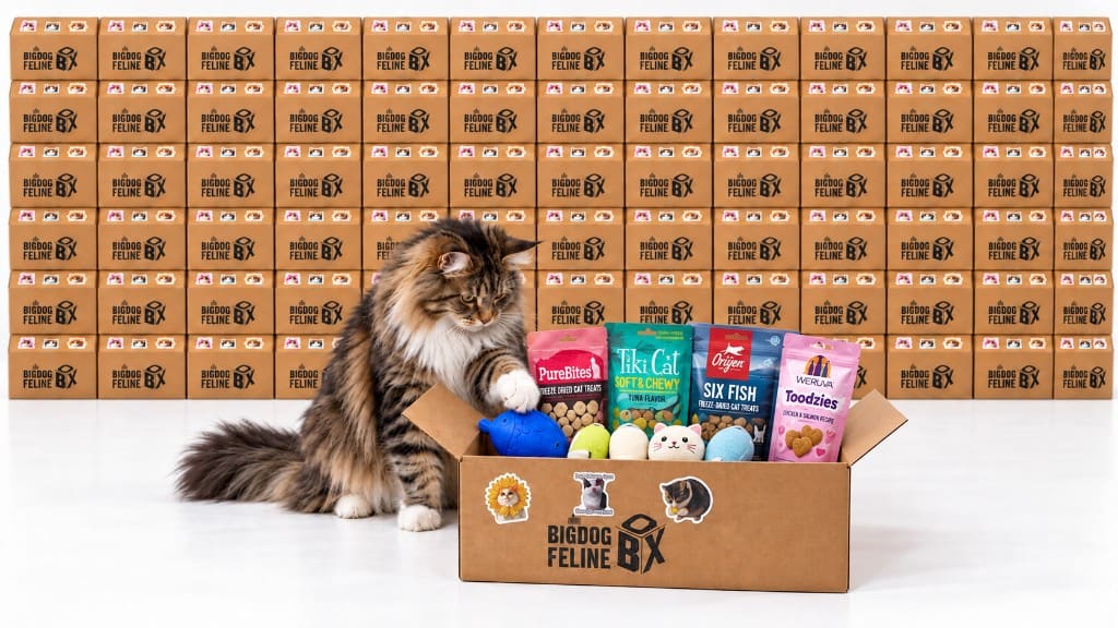Cat with an open Feline Pet Box in front of a wall of Feline boxes